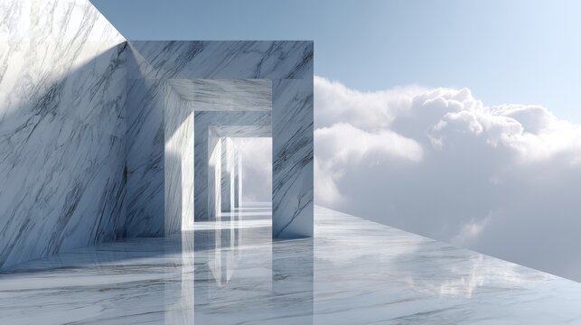 Ethereal marble corridor with sky and clouds reflecting on polished floor architecture abstract