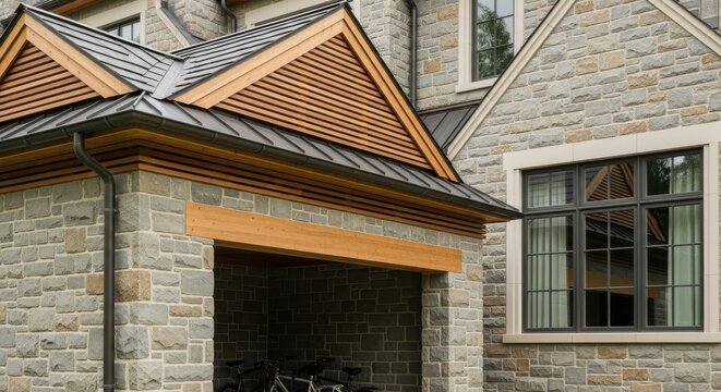 Elegant stone and wood clad modern architecture with gabled roof and garage entry