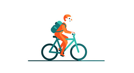 Obraz premium Man riding a bicycle with a backpack on white background.