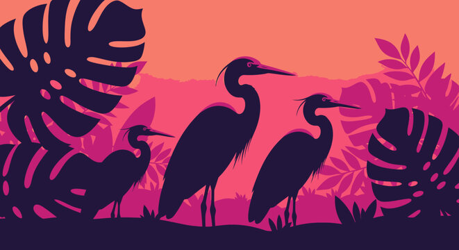 Silhouette of three herons standing among tropical plants at sunset.