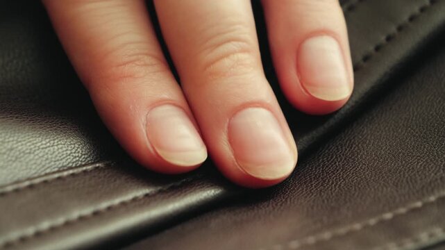 A close-up of a hand running along the seam of a leather jacket to appreciate its texture and quality. The concept of meticulous craftsmanship, attention to detail, and high-quality finishing