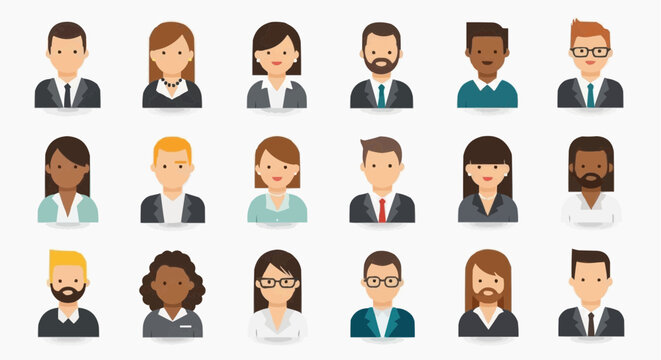 Flat vector illustration of diverse professional avatars, male and female characters, corporate style, simple geometric shapes, isolated on white background