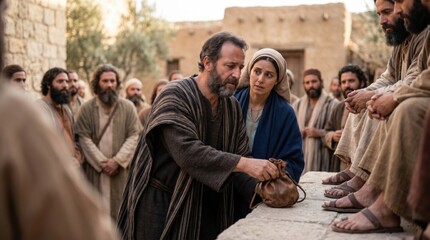 Fototapeta premium Man and woman giving money in bag for charity in front of disciples. Biblical scene from Acts of the Apostles portraying early church community, donation, faith, and religious history.