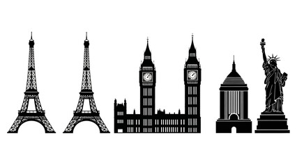 Obraz premium Famous Landmarks Silhouette Collection: Eiffel Tower, Big Ben, Empire State, Statue of Liberty