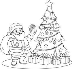 Naklejka premium Santa claus stands with a gift near a decorated christmas tree silhouette
