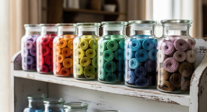 Glass Jars Filled with Colorful Embroidery Threads Arranged Neatly on Shelves