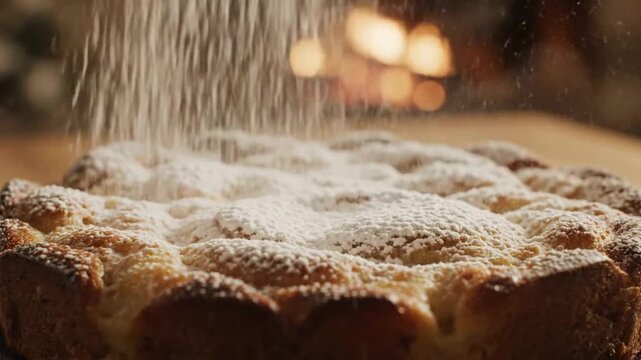 powdered sugar falling on delicious freshly baked apple cake with cozy fireplace background