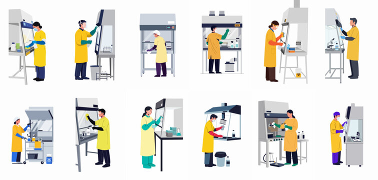 Set of laboratory technicians in yellow protective gear cleaning and maintaining biological safety cabinets and lab equipment.