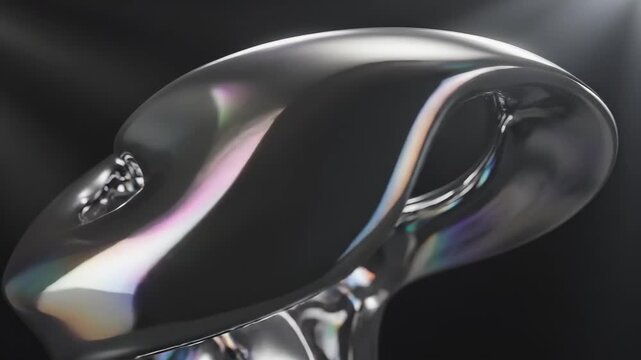Abstract liquid silver object with iridescent reflection. Fluid metallic sculpture movement in studio light. Modern digital art form for futuristic design concept.