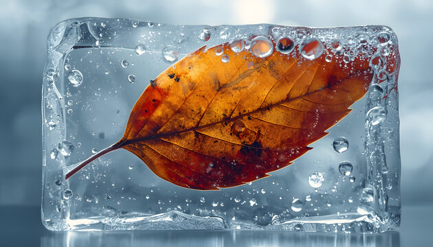 Orange autumn leaf frozen inside a clear ice block with air bubbles