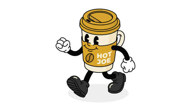 Cartoon coffee cup character walking with happy face