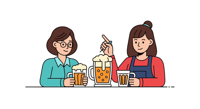 Two Women Enjoying Beer Together at a Bar, Cheersing with Mugs.
