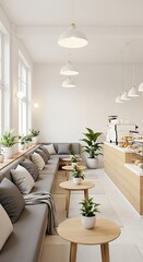 Fototapeta premium Modern Cafe Interior with Comfortable Seating and Plants.