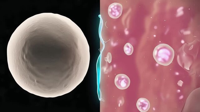 Cells macro, one side dull and damaged, other side smooth and healthy