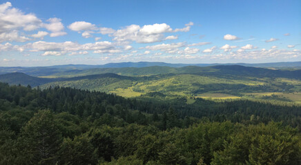 Obraz premium Scenic summer panorama of Bieszczady mountains with lush green forests and sunlit valleys