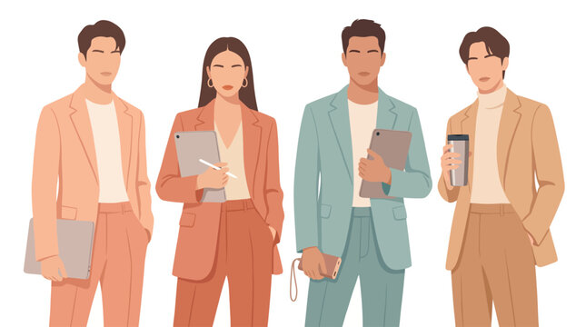 Asian Business Professionals Four Standing Pastel Suit Holding Tablet Smartphone Coffee Flat Vector Illustration