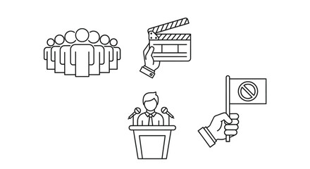 Fototapeta premium Line art illustrations depict a group film slate protest speaker and flag communication themes