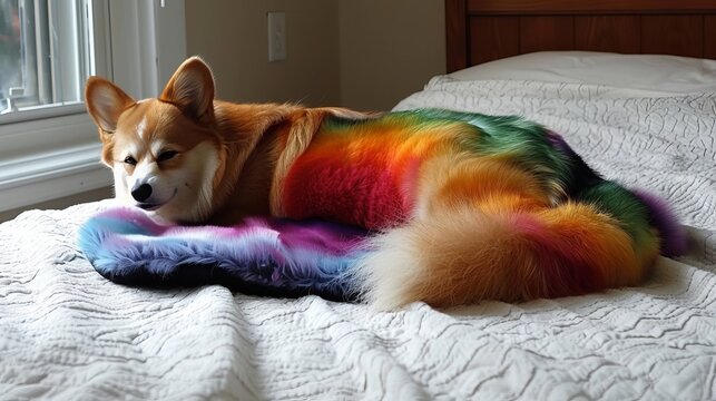 Energetic dog playfully holding a colorful toy against a bright and cheerful background