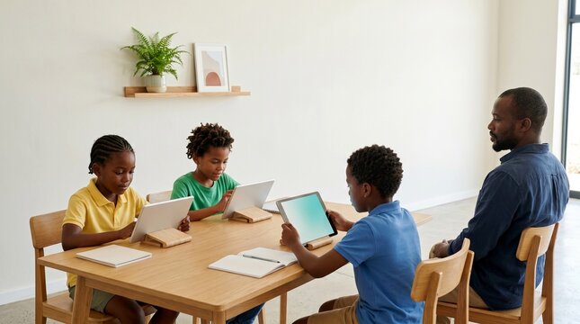 Group of pupils using digital tablets in a classroom marking Day of the African Child. Use for tech inclusion charities modern learning sites and school flyers.