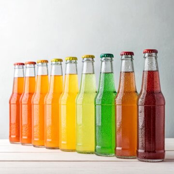 Colorful Glass Bottles of Fizzy Soft Drinks on Wooden Table with Gray Background
