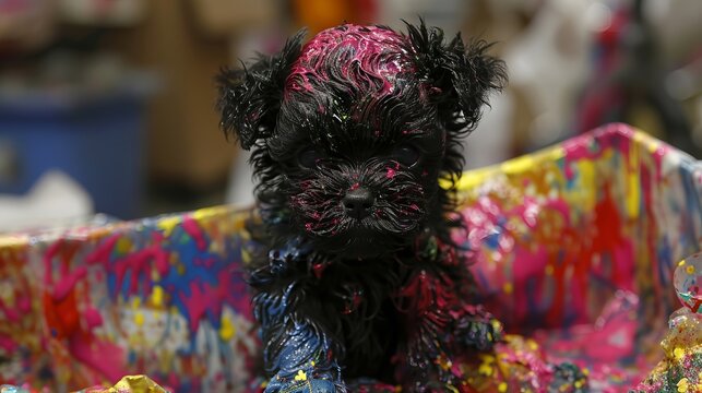 Playful dog holding colorful toy against a bright background, showcasing its energy and joy