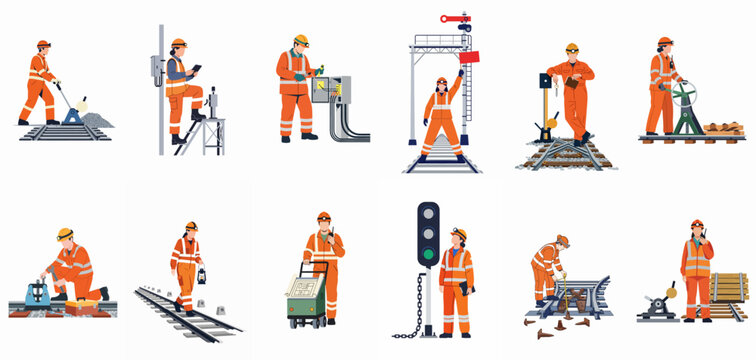 Vector set of railway maintenance workers in high-visibility uniforms performing inspections, repairs, and signaling tasks on train tracks and infrastructure.
