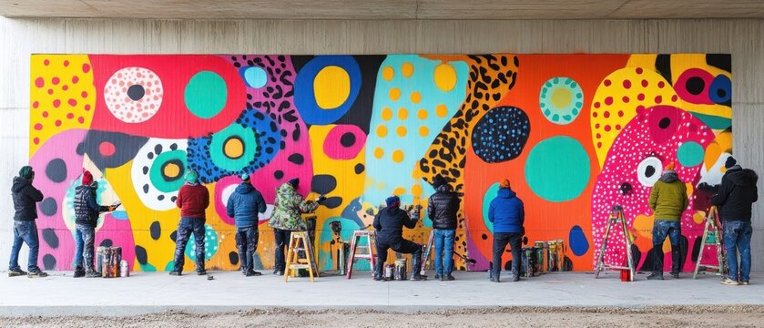 Colorful abstract mural painting collaborative artists at work
