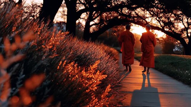 Two men dressed as buddhist monk walking on a sidewalk during golden hour. Calm nature path at sunset. Spiritual lifestyle scene with sun flare and grass detail.