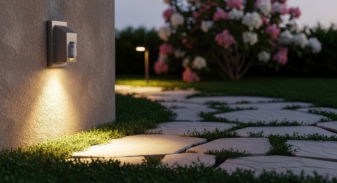 Elegant stone pathway illuminated by soft ground lights in a tranquil garden at night