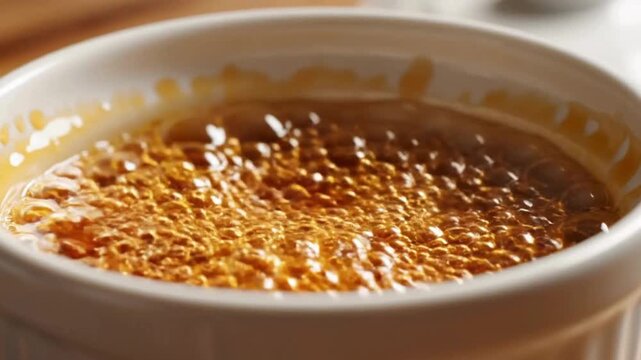 pouring hot golden caramel sauce into a white ramekin bowl with bubbling texture