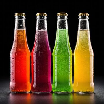 Colorful Bottles of Carbonated Drinks Reflecting Light in Dark Studio Background
