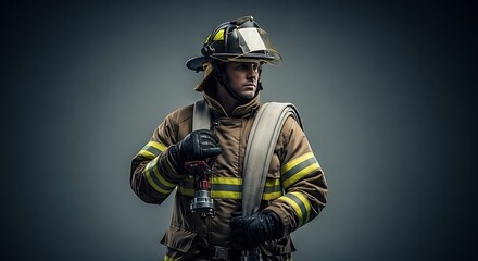Fototapeta premium Professional firefighter in full protective gear, holding a high-pressure fire hose, stands ready for duty, embodying courage and dedicated service in critical emergency response situations