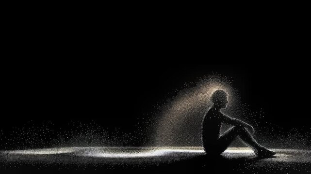 Particle effect showing abstract emotional loss concept. Silhouette of a person sitting alone with glowing particles in a dark space symbolizing solitude and introspection