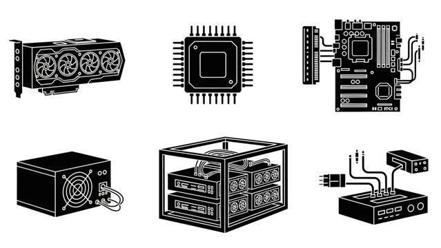 Computer Hardware Icons: GPU, CPU, Motherboard, PSU, Mining Rig, Network Switch