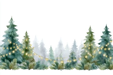 Obraz premium a forest of pine trees decorated with lights, a watercolor art on a white background.
