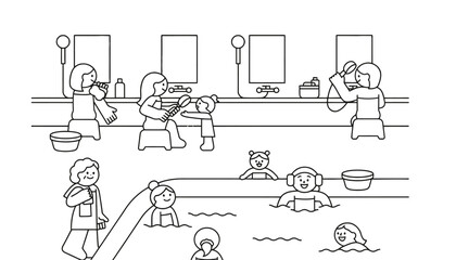 Fototapeta premium Children and mothers enjoying a fun bath time together in a swimming pool area