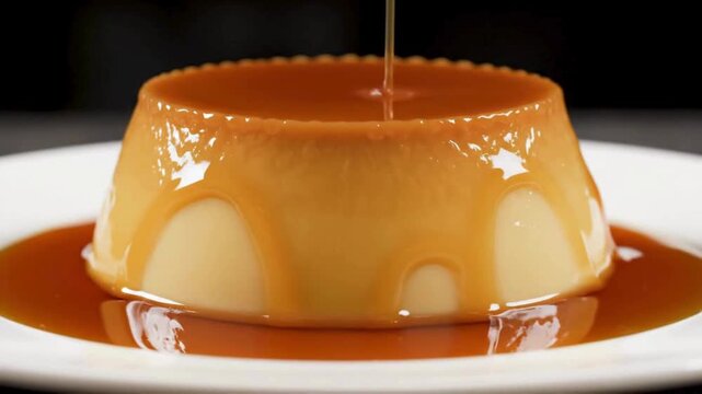 delicious caramel custard pudding being poured with golden syrup on white plate