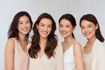 Fototapeta premium four asian women with varying hair and skin tones, smiling at the camera, wearing in beige color tones, standing next to each other, against a light background
