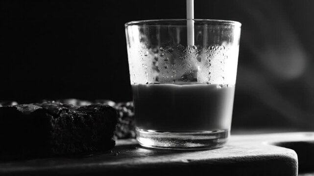 Black and white shot of pouring milk into a glass with brownie on a wooden cutting board