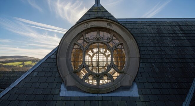 Intricately designed round gothic window with stone mullions set into an old building's roof