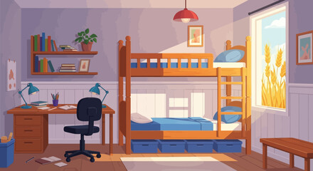 A brightly lit cozy children s bedroom featuring a wooden bunk bed desk and bookshelf © Shakil