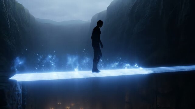 Man Standing on Edge of Cliff Overlooking Vast Canyon and Distant Lights