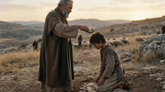 Prophet Samuel anointing young shepherd David with oil from a horn. Biblical scene of an older man blessing a kneeling boy in a field with sheep. Ancient religious history concept