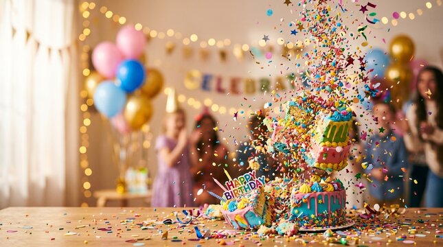 Colorful birthday cake explosion with flying sprinkles and confetti, vibrant motion, soft lighting, copy space