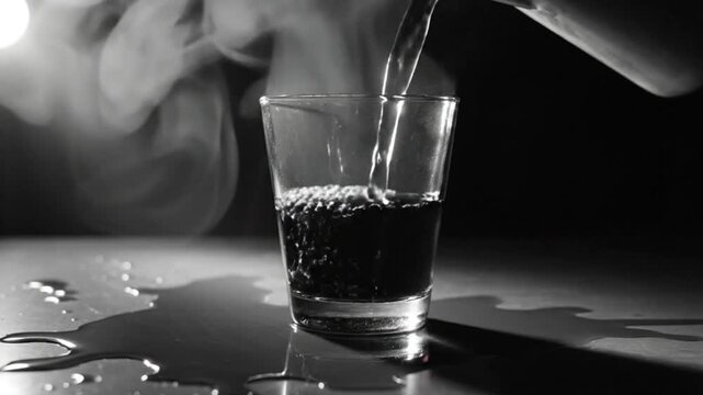 Black and white shot of dark liquid pouring into a glass, with spilled liquid creating a dramatic effect