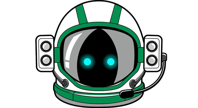 Cartoon astronaut helmet with glowing blue eyes and headset