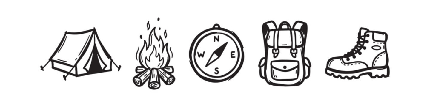 Set of Hand Drawn Camping and Hiking Icons Including Tent, Campfire, Compass, Backpack, and Hiking Boots