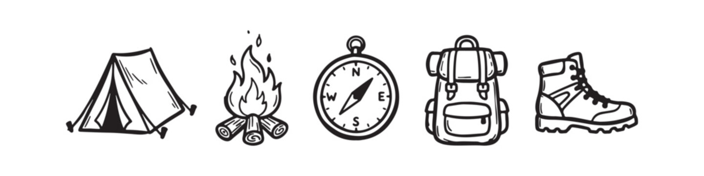 Set of camping and hiking equipment icons featuring a tent, campfire, compass, backpack and hiking boot, hand-drawn vector illustration for travel and outdoor adventure design