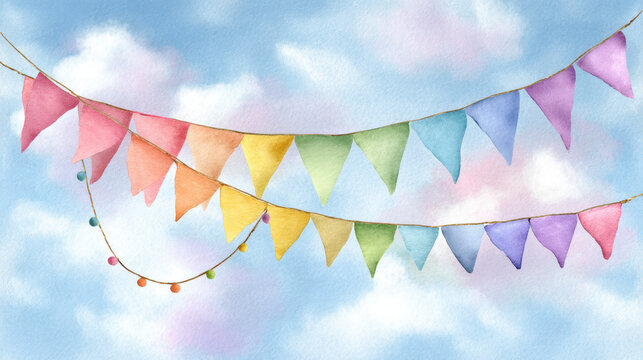 Colorful party flags and lights hanging on string with blue sky and clouds background, festive and cheerful decoration for celebration