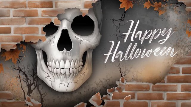 Skull emerging from a broken brick wall with a glowing Happy Halloween greeting. Spooky celebration design featuring autumn leaves and dark branches for festival.